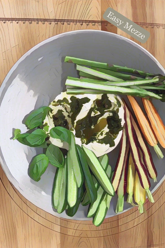 A graphic representation of salted greek yoghurt wiht herb oil and crudite