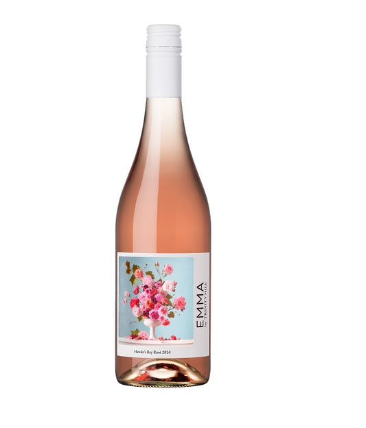 The bottle wih visible of the special Emma Rose art label for Trinity Hill available through The Wine List NZ